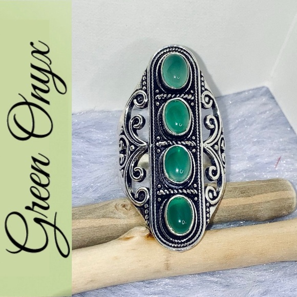 Green Onyx Gemstone Handmade Filigree Shield Armor Ring - Picture 2 of 11